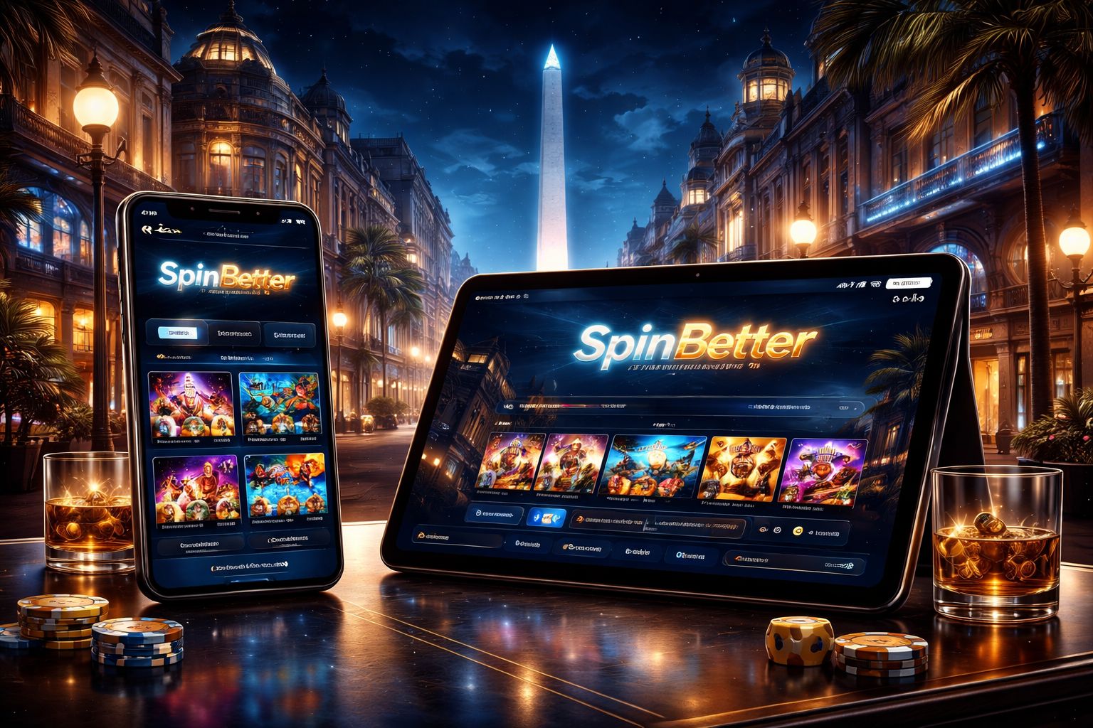 Smartphone y tablet mostrando la interfaz móvil de SpinBetter con un diseño de juego pulido para usuarios en Argentina.