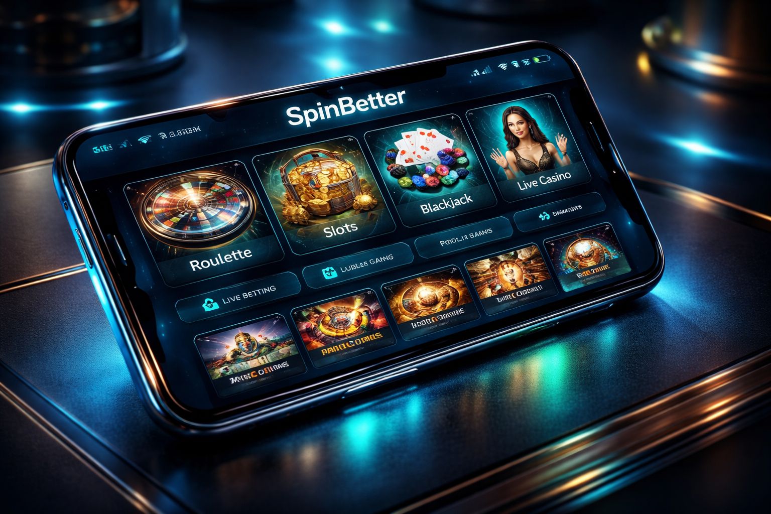 Dispositivo móvil con la app SpinBetter abierta, destacando acceso a casino y funciones de apuestas en un entorno moderno inspirado en Argentina.