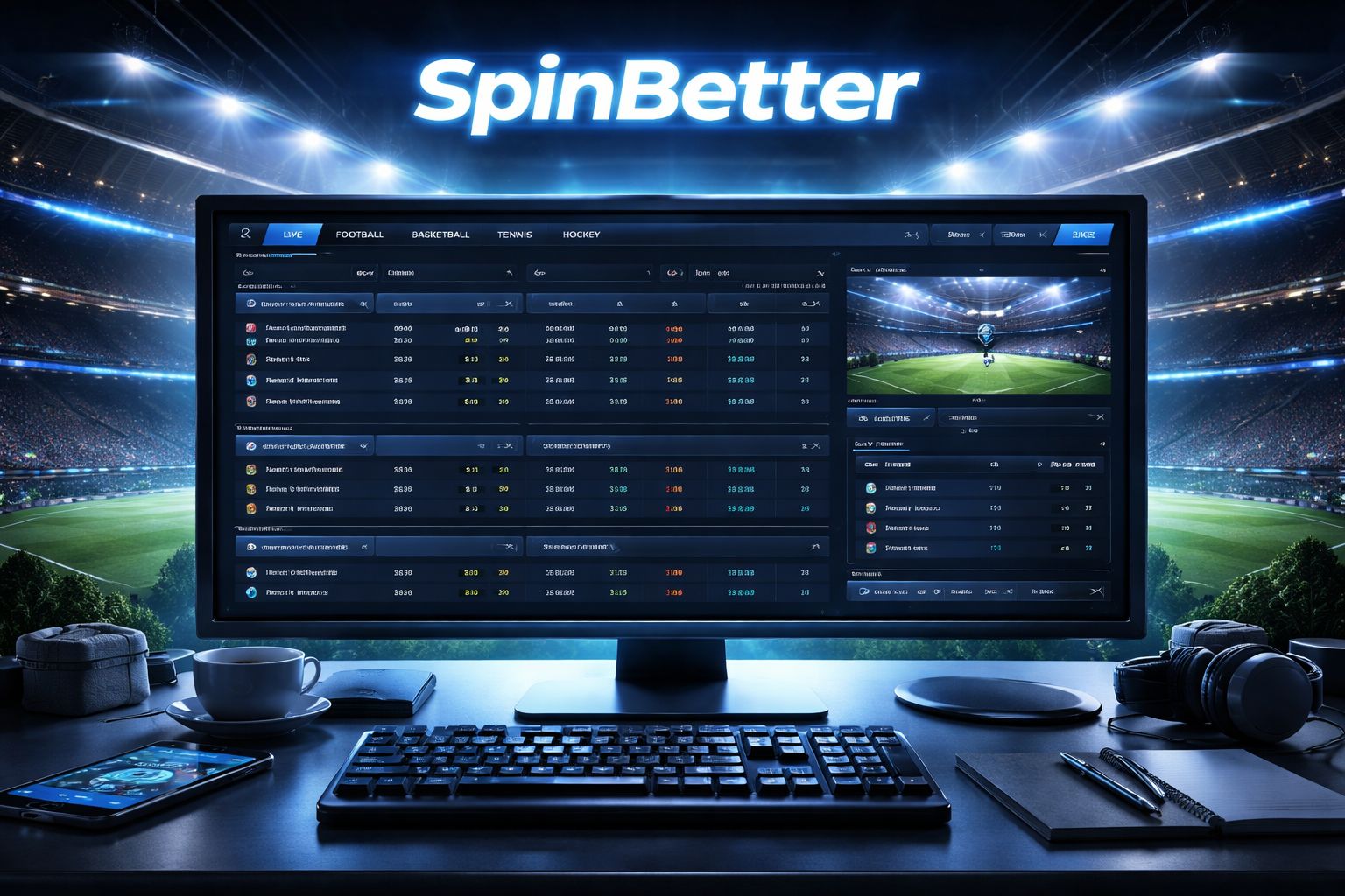 Pantalla de casa de apuestas SpinBetter con cuotas en vivo de partidos, brillo de estadio y visuales deportivos diseñados para jugadores en Argentina.