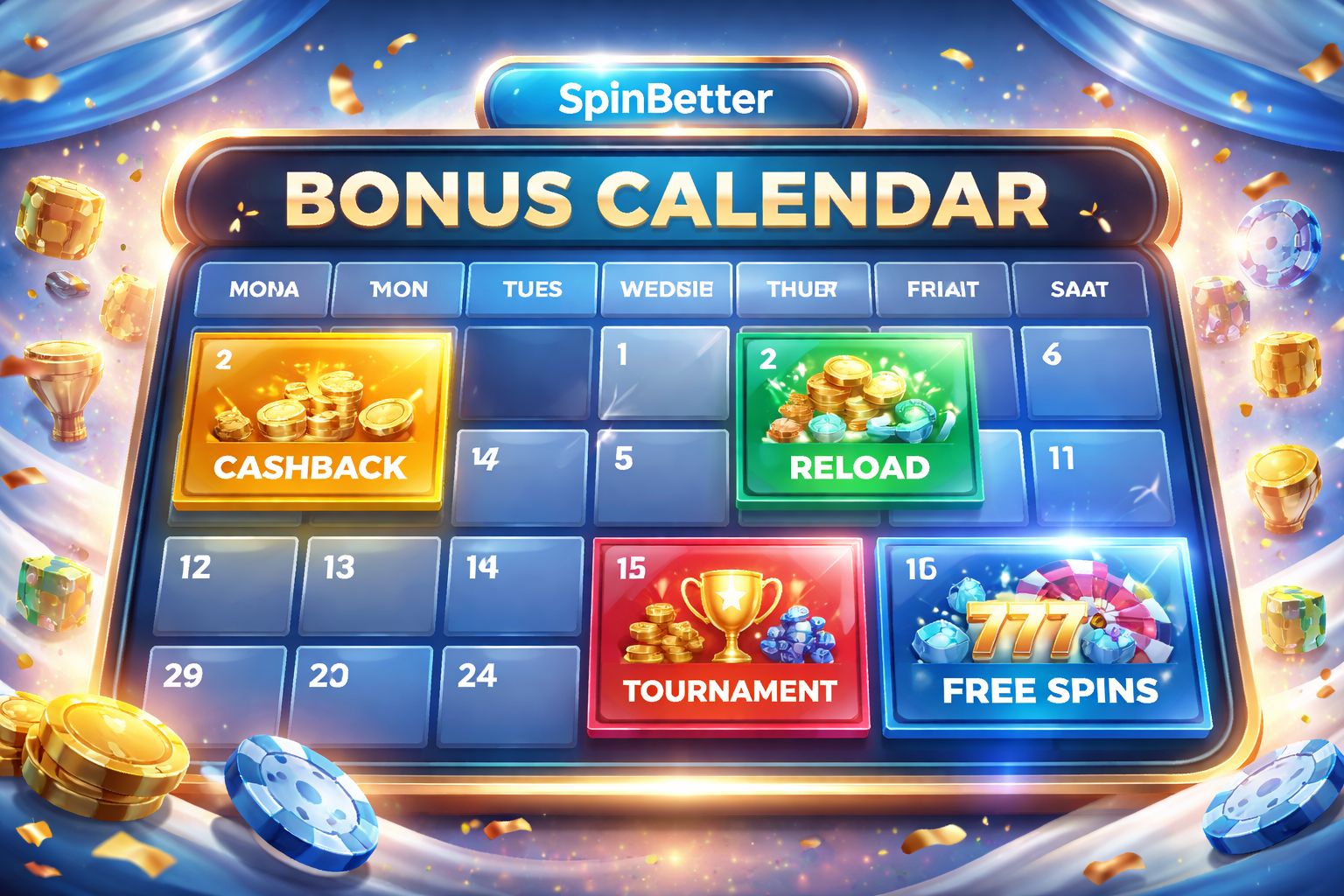 Concepto de calendario promocional para SpinBetter mostrando devolución de dinero, recargas, torneos y eventos de giros gratis con estilo visual enérgico.