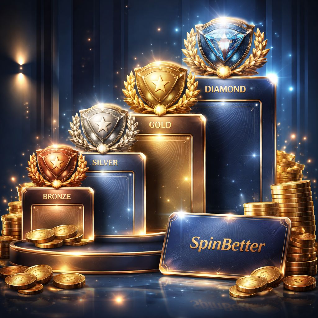 Vista estilizada del sistema VIP de SpinBetter con niveles ascendentes de recompensas, beneficios premium e indicadores de progreso del jugador.