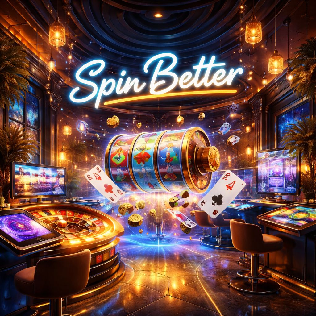 Escena digital colorida de juego con SpinBetter mostrado en un letrero brillante sobre interfaces animadas estilo casino.