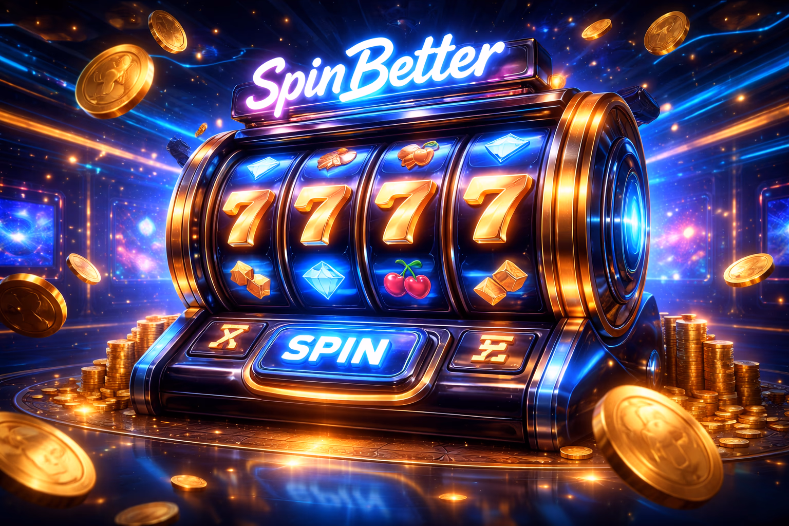 Carretes de tragamonedas brillantes y efectos de casino luminosos en la página de SpinBetter tragamonedas.