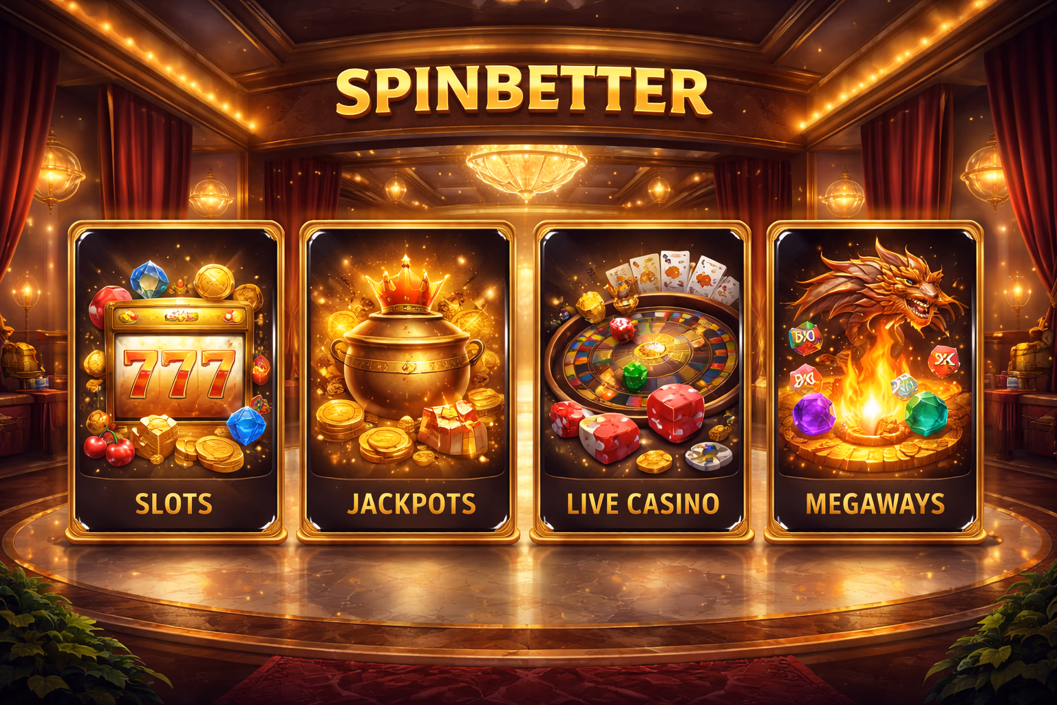 Interfaz moderna de catálogo de tragamonedas destacando proveedores de juegos y categorías en SpinBetter.